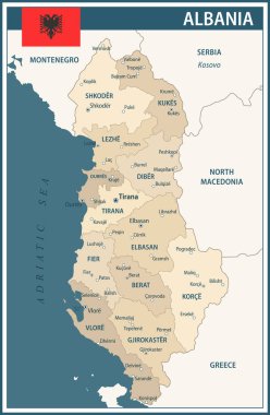 Arnavutluk Harita Vektörü Koyu Mavi Bej - Arnavutluk 'un web sitesi, eğitim, raporlar, haberler, haberler, haberler, siyaset, baskı, poster ve duvar kağıdı için idari bölümlerine sahip özelleştirilebilir siyasi haritası