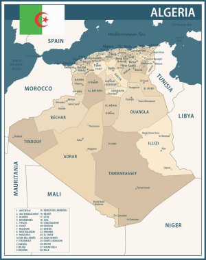 Cezayir Haritası Vector Vintage Dark Blue Beige - Cezayir 'in özelleştirilebilir politik haritası web sitesi, eğitim, raporlar, haberler, politika, baskı, poster ve duvar kağıdı