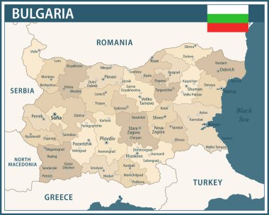 Bulgaristan Harita Vektörü Koyu Mavi Bej - Bulgaristan 'ın web sitesi, eğitim, raporlar, haberler, haberler, siyaset, baskı, poster ve duvar kağıdı için idari bölümleri ile özelleştirilebilir siyasi haritası