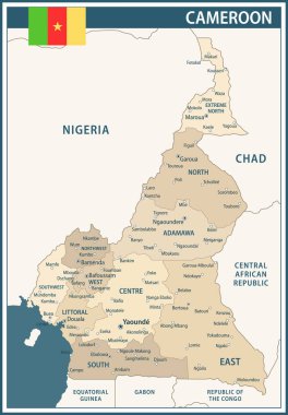 Kamerun Haritası Koyu Mavi Vinç - Web sitesi, eğitim, haberler, haberler, politika, baskı, poster ve duvar kağıdı için idari bölümlere sahip Kamerun 'un özelleştirilebilir siyasi haritası