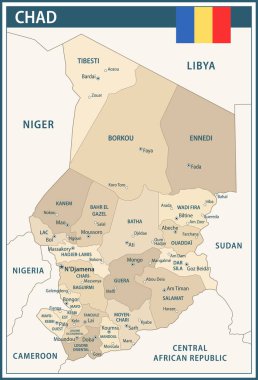 Chad Map Vector Vintage Koyu Mavi Bej - Çad 'ın web sitesi, eğitim, raporlar, haber, politika, baskı, poster ve duvar kağıdı için idari bölümleri ile özelleştirilebilir politik haritası