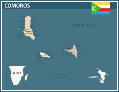 Comoros Haritası Koyu Mavi Bej - Web sitesi, eğitim, haberler, haberler, politika, baskı, poster ve duvar kağıdı için idari bölümlere sahip Komoros 'un özelleştirilebilir siyasi haritası