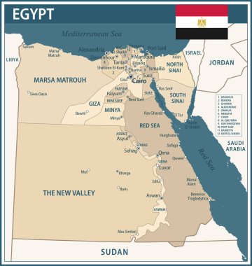 Mısır Harita Vektörü Koyu Mavi Bej - İnternet sitesi, eğitim, raporlar, haber, politika, baskı, poster ve duvar kağıdı için idari bölümlere sahip Mısır 'ın özelleştirilebilir siyasi haritası