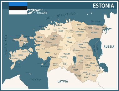Estonya Harita Vektörü Koyu Mavi Bej - Web sitesi, eğitim, raporlar, haberler, haberler, politika, baskı, poster ve duvar kağıdı için idari bölümlere sahip Estonya 'nın özelleştirilebilir siyasi haritası