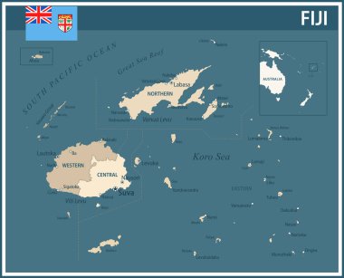 Fiji Haritası Vector Vintage Dark Blue Beige - Web sitesi, eğitim, raporlar, haberler, haber, politika, baskı, poster ve duvar kağıdı için idari bölümleri ile Fiji 'nin özelleştirilebilir politik haritası