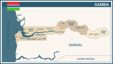 Gambiya Haritası Vector Vintage Dark Blue Beige - Web sitesi, eğitim, raporlar, haberler, haberler, politika, baskı, poster ve duvar kağıdı için idari bölümlere sahip Gambiya 'nın özelleştirilebilir politik haritası