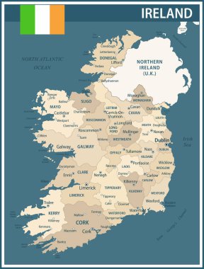 Ireland Map Vector Vintage Dark Blue Beige - Web sitesi, eğitim, raporlar, haber, politika, baskı, poster ve duvar kağıdı için idari bölümlere sahip özelleştirilebilir İrlanda siyasi haritası