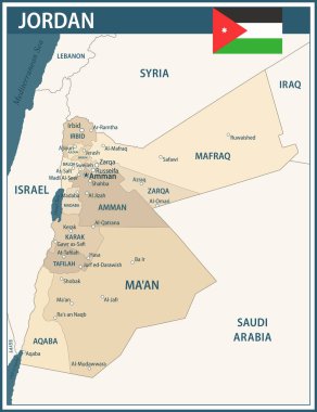 Ürdün Harita Vektörü Koyu Mavi Bej - Ürdün 'ün web sitesi, eğitim, raporlar, haber, politika, baskı, poster ve duvar kağıdı için idari bölümleri ile özelleştirilebilir siyasi haritası