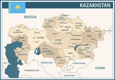 Kazakistan Harita Vektör Vintage Koyu Mavi Bej - Web sitesi, eğitim, haber, politika, baskı, poster bölümleri ile Kazakistan 'ın özelleştirilebilir politik haritası