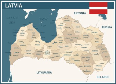 Letonya Haritası Koyu Mavi Bej - İnternet sitesi, eğitim, raporlar, haber, siyaset, baskı, poster ve duvar kağıdı için idari bölümlere sahip özelleştirilebilir Letonya siyasi haritası