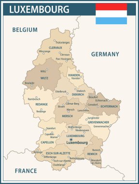 Lüksemburg Harita Vektör Vintage Koyu Mavi Bej - Lüksemburg 'un idari bölümleri web sitesi, eğitim, haber, haber, politika, baskı, poster için özelleştirilebilir siyasi haritası