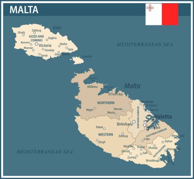 Malta Haritası Vintage Koyu Mavi Bej - Web sitesi, eğitim, raporlar, haber, politika, baskı, poster ve duvar kağıdı için idari bölümleri ile özelleştirilebilir Malta siyasi haritası