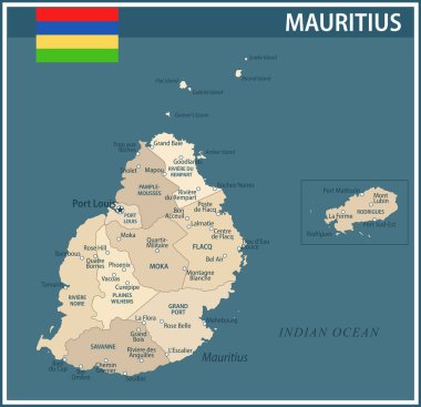 Mauritius Haritası Koyu Mavi Bej - Mauritius 'un web sitesi, eğitim, haberler, haberler, politika, baskı, poster bölümleri için özelleştirilebilir politik haritası