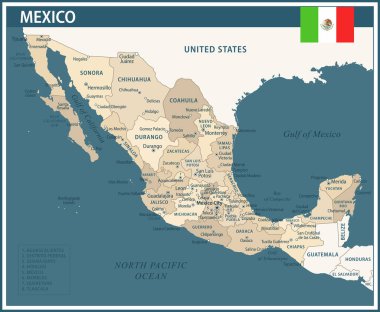 Meksika Harita Vektörü Koyu Mavi Bej - İnternet sitesi, eğitim, raporlar, haber, politika, baskı, poster ve duvar kağıdı için idari bölümleri ile Meksika 'nın özelleştirilebilir politik haritası