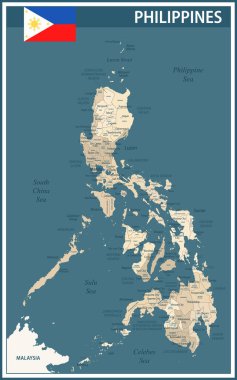 Filipinler Haritası Koyu Mavi Bej - Web sitesi, eğitim, haberler, haberler, politika, baskı, poster bölümleri ile Filipinler 'in özelleştirilebilir politik haritası