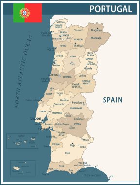 Portekiz Harita Vektörü Koyu Mavi Bej - İnternet sitesi, eğitim, raporlar, haberler, haberler, politika, baskı, poster ve duvar kağıdı için idari bölümlere sahip Portekiz 'in özelleştirilebilir siyasi haritası