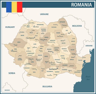 Romanya Harita Vektörü Koyu Mavi Bej - İnternet sitesi, eğitim, raporlar, haberler, haberler, siyaset, baskı, poster ve duvar kağıdı için idari bölümlere sahip Romanya 'nın özelleştirilebilir siyasi haritası
