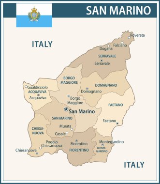 San Marino Haritası Koyu Mavi Bej - İdari bölümleri web sitesi, eğitim, haberler, haberler, siyaset, baskı, poster, San Marino 'nun özelleştirilebilir politik haritası