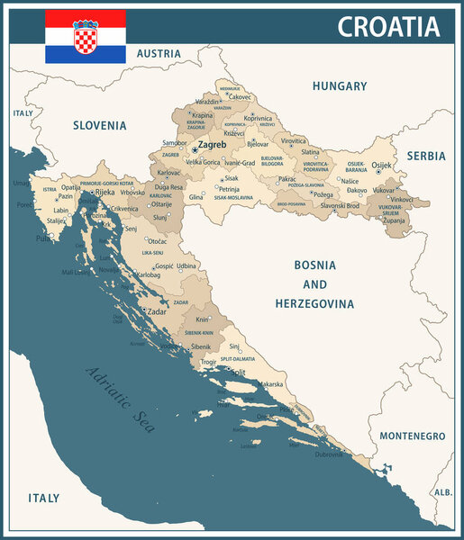 Croatia Map Vector Vintage Dark Blue Beige - Настраиваемая слоистый политический карта Хорватии с административными подразделениями для веб-сайта, образования, докладов, новостей, политики, печати, плакатов и обоев