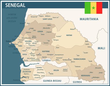 Senegal Harita Vektör Vintage Koyu Mavi Bej - Senegal 'in idari bölümleri web sitesi, eğitim, haberler, haberler, politika, baskı, poster ve duvar kağıdı ile özelleştirilebilir siyasi haritası