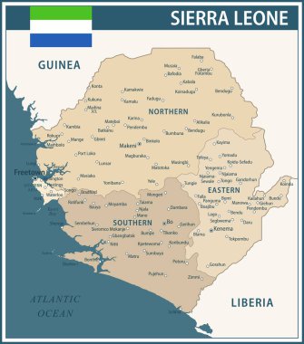 Sierra Leone Harita Vektör Vintage Koyu Mavi Bej - Sierra Leone 'nin idari bölümleri web sitesi, eğitim, haberler, haber, politika, baskı, poster için özelleştirilebilir politik haritası