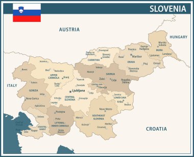 Slovenya Harita Vektörü Koyu Mavi Bej - Slovenya 'nın web sitesi, eğitim, raporlar, haberler, haber, siyaset, baskı, poster ve duvar kağıdı için idari bölümleri ile özelleştirilebilir siyasi haritası