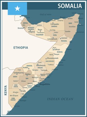 Somali Haritası Koyu Mavi Vinç - İnternet sitesi, eğitim, haber, politika, baskı, poster ve duvar kağıdı için idari bölümleri olan Somali 'nin özelleştirilebilir siyasi haritası
