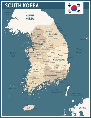 Güney Kore Harita Vektör Vintage Koyu Mavi Bej - Güney Kore 'nin özelleştirilebilir politik haritası web sitesi, eğitim, raporlar, haberler, politika, baskı, poster bölümleri