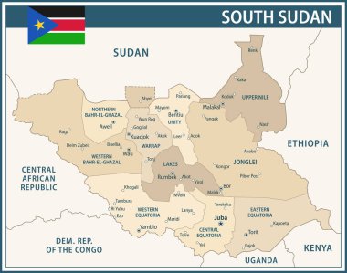 Güney Sudan Harita Vektör Vintage Koyu Mavi Bej - Web sitesi, eğitim, haber, politika, baskı, poster bölümleri ile Güney Sudan 'ın özelleştirilebilir politik haritası