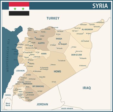 Suriye Haritası Eski Modası Koyu Mavi Bej - İnternet sitesi, eğitim, raporlar, haberler, haberler, siyaset, baskı, poster ve duvar kağıdı için idari bölümlere sahip özelleştirilebilir Suriye siyasi haritası