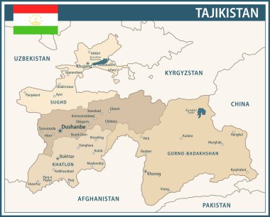 Tacikistan Harita Vektör Vintage Koyu Mavi Bej - Özelleştirilebilir siyasi Tacikistan haritası web sitesi, eğitim, haber, haber, siyaset, baskı, poster bölümleri