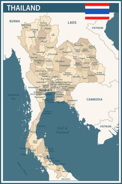 Tayland Harita Vektör Vintage Koyu Mavi Bej - İnternet sitesi, eğitim, haber, politika, baskı, poster ve duvar kağıdı için idari bölümlere sahip Tayland 'ın özelleştirilebilir siyasi haritası
