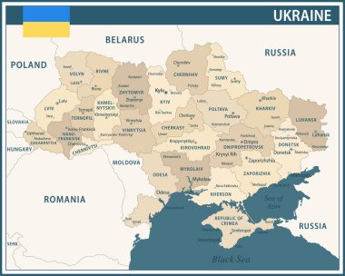 Ukrayna Haritası Koyu Mavi Vinç - Web sitesi, eğitim, raporlar, haberler, politika, baskı, poster ve duvar kağıdı için idari bölümlere sahip özelleştirilebilir Ukrayna siyasi haritası