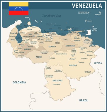 Venezuela Haritası Koyu Mavi Bej - Web sitesi, eğitim, haberler, haberler, politika, baskı, poster bölümleri ile Venezuela 'nın özelleştirilebilir politik haritası
