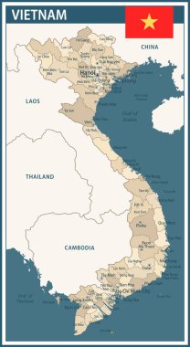 Vietnam Haritası Vector Vintage Dark Blue Beige - Web sitesi, eğitim, raporlar, haberler, haberler, politika, baskı, poster ve duvar kağıdı için idari bölümleri ile Vietnam 'ın özelleştirilebilir politik haritası