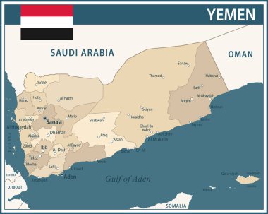 Yemen Haritası Koyu Mavi Bej - Web sitesi, eğitim, raporlar, haberler, haberler, politika, baskı, poster ve duvar kağıdı için Yemen 'in özelleştirilebilir politik haritası
