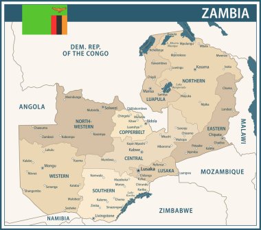 Zambiya Haritası Vector Vintage Dark Blue Beige - Zambiya 'nın web sitesi, eğitim, raporlar, haberler, haberler, politika, baskı, poster ve duvar kağıdı için özelleştirilebilir politik haritası