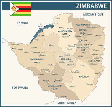 Zimbabwe Haritası Koyu Mavi Bej - Zimbabwe 'nin idari bölümleri web sitesi, eğitim, haber, politika, baskı, poster ve duvar kağıdı için özelleştirilebilir siyasi haritası
