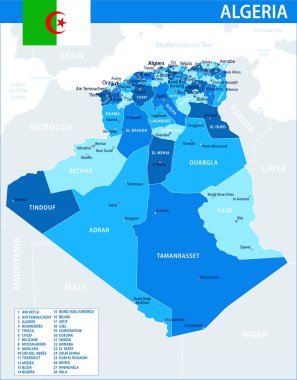 Cezayir Harita Vektörü Mavi Leke - Cezayir 'in özelleştirilebilir politik haritası web sitesi, eğitim, raporlar, haberler, haberler, politika, baskı, poster ve duvar kağıdı
