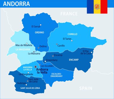 Andorra Harita Vektörü Mavi Leke - İnternet sitesi, eğitim, raporlar, haberler, haberler, haberler, politika, baskı, poster ve duvar kağıdı için idari bölümlere sahip Andorra 'nın özelleştirilebilir siyasi haritası