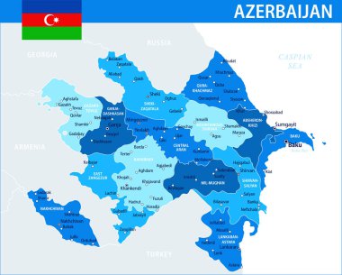 Azerbaycan Harita Vektörü Mavi Leke - Web sitesi, eğitim, haber, politika, baskı, poster ve duvar kağıdı için idari bölümlere sahip Azerbaycan 'ın özelleştirilebilir siyasi haritası