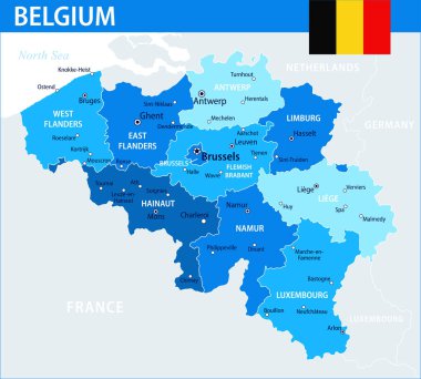 Belçika Harita Vektörü Mavi Leke - İnternet sitesi, eğitim, raporlar, haberler, haber, politika, baskı, poster ve duvar kağıdı için idari bölümlere sahip Belçika 'nın özelleştirilebilir siyasi haritası