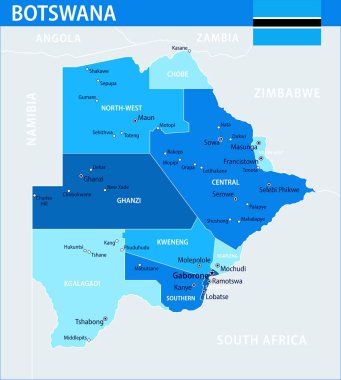 Botswana Harita Vektörü Mavi Leke - Botswana 'nın web sitesi, eğitim, raporlar, haber, politika, baskı, poster ve duvar kağıdı için idari bölümleri ile özelleştirilebilir siyasi haritası