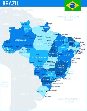Brezilya Harita Vektörü Mavi Leke - İnternet sitesi, eğitim, raporlar, haberler, politika, baskı, poster ve duvar kağıdı için idari bölümleri olan Brezilya 'nın özelleştirilebilir siyasi haritası