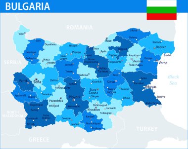 Bulgaristan Harita Vektörü Mavi Leke - Bulgaristan 'ın web sitesi, eğitim, raporlar, haberler, siyaset, baskı, poster ve duvar kağıdı için idari bölümleri bulunan özelleştirilebilir siyasi haritası