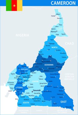 Kamerun Harita Vektörü Mavi Leke - Web sitesi, eğitim, raporlar, haber, politika, baskı, poster ve duvar kağıdı için idari bölümlere sahip özelleştirilebilir Kamerun siyasi haritası