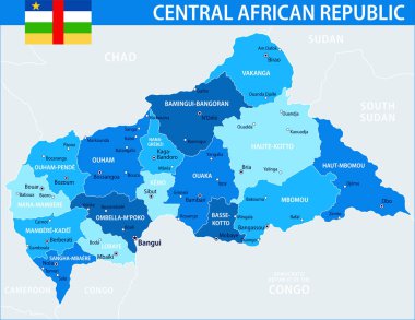 Orta Afrika Cumhuriyeti Harita Vektörü Mavi Leke - Orta Afrika Cumhuriyeti 'nin özelleştirilebilir siyasi haritası web sitesi, eğitim, raporlar, haberler, siyaset için idari bölümler