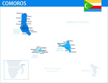 Comoros Map Vector Blue Spot - Customizable layered political map of Comoros with administrative divisions for website, education, reports, news, politics, print, poster and wallpaper clipart