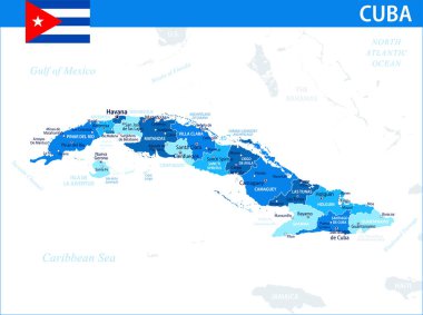 Küba Harita Vektörü Mavi Leke - İnternet sitesi, eğitim, raporlar, haber, siyaset, baskı, poster ve duvar kağıdı için idari bölümlere sahip özelleştirilebilir Küba siyasi haritası