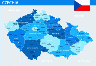 Czechia Map Vector Blue Spot - Customizable layered political map of Czech Republic with administrative divisions for website, education, reports, news, politics, print, poster and wallpaper clipart